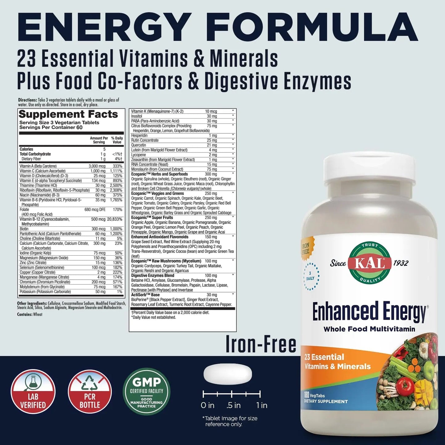 KAL® Enhanced Energy Multivitamin | Whole Food Based Vitamins & Minerals w/ Antioxidants, Digestive Enzymes & Natural Carotenoids | 180 Capsules KAL