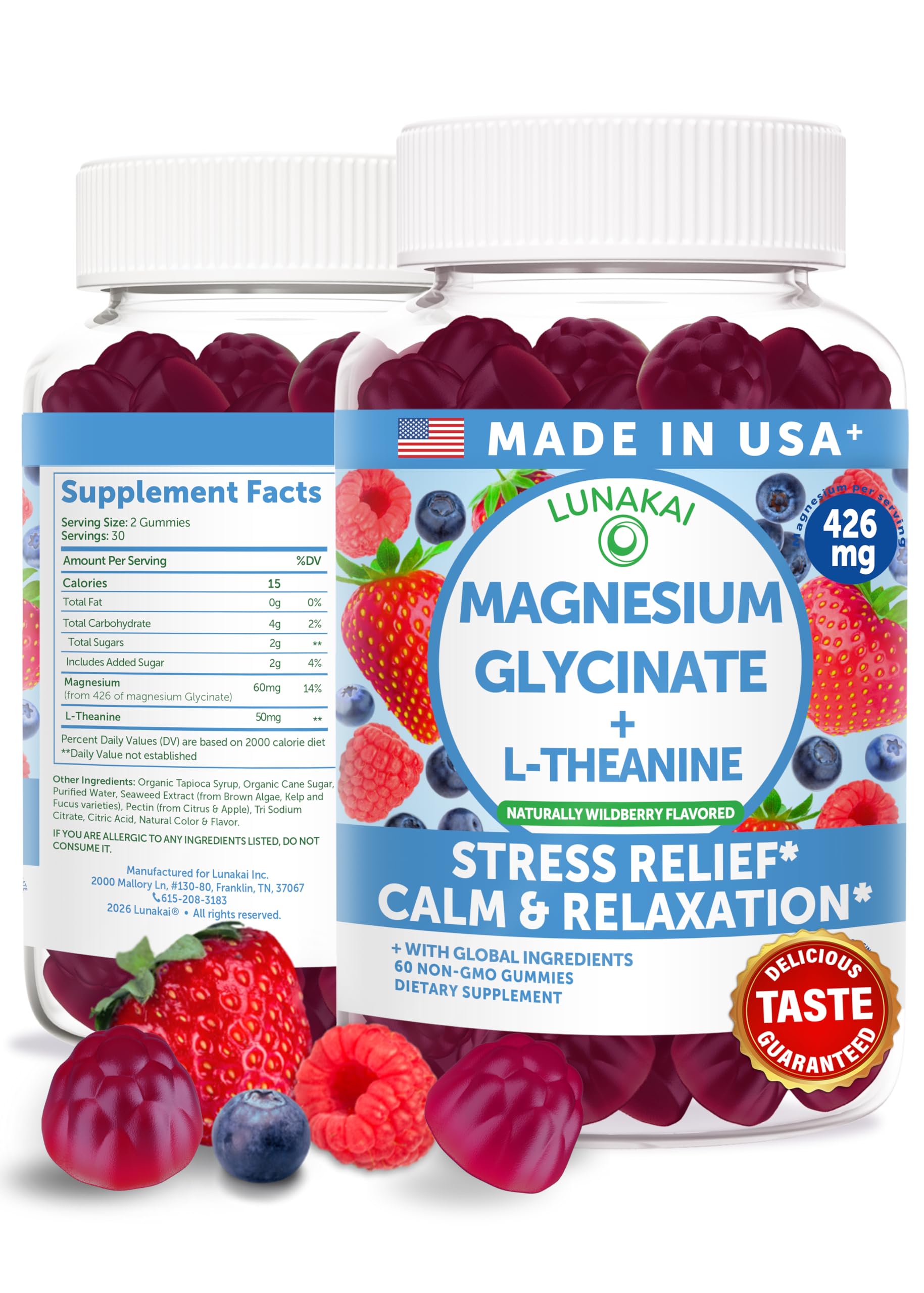 Lunakai USA Made Magnesium Glycinate Gummies 426mg with L-Theanine – Calm, Sleep, Stress Relief for Adults & Kids, Non-GMO, Vegan, 60ct LunakaiBuy Supplements Australia