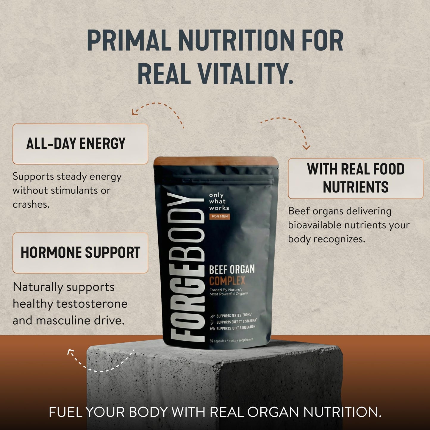 FORGEBODY® Beef Organ Complex Capsules [1 Month] - 100% Grass Fed Beef Organ Supplement with Blend of Liver, Heart, Bone Marrow, Pancreas & Testicles