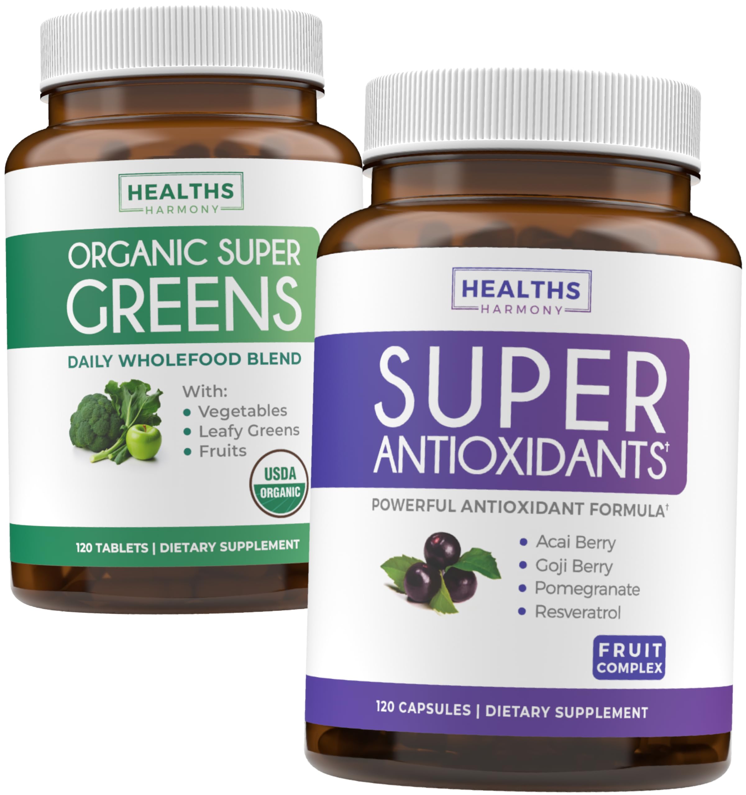 Two dietary supplement bottles labeled 'Super Greens' and 'Super Antioxidants' on a white background.