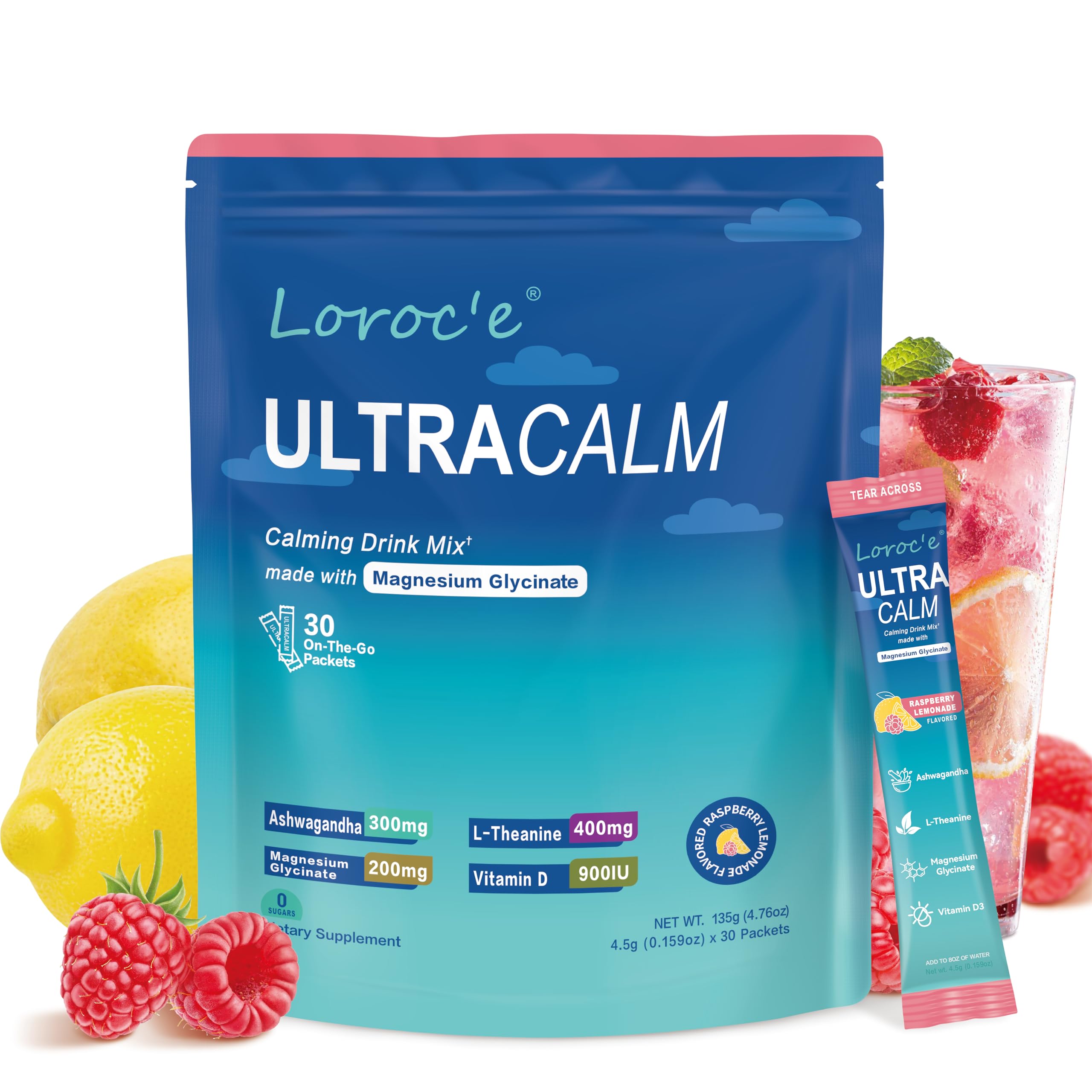 UltraCalm Super Cortisol Drink with Magnesium Glycinate, Ashwagandha, L-Theanine, Vitamin D3, Magnesium Powder for Sleep & Stress Relief