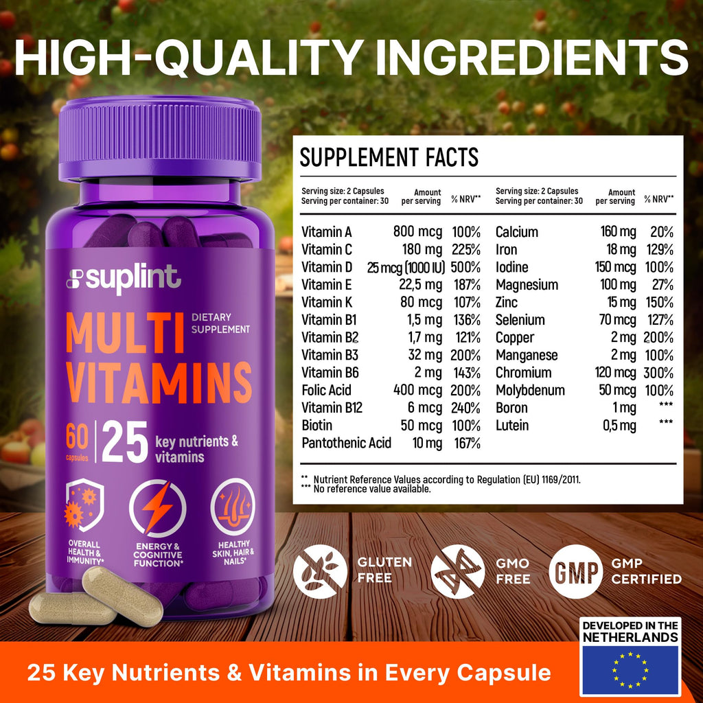 Multivitamin Supplement | Complex with Vitamin A, C, D, E, K1, B, Zinc & Chromium | Hair, Skin & Nail Beauty Vitamins | Immune Support Supplements for Men & Women | 60 Capsules SUPLINT buy supplements Au