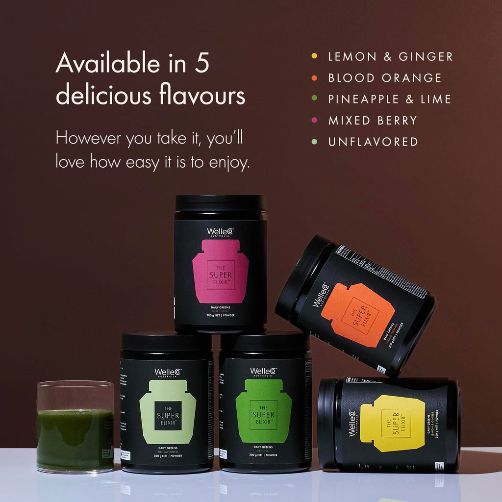 WelleCo The Super Elixir Daily Greens Powder, Probiotic Drink Mix with Whole Foods, Gluten Free, Vegan Gut Health Powder, Energy, Immunity, Healthy Skin, Hair & Nails (300g, Mixed Berry) WelleCoBuy Supplements Australia