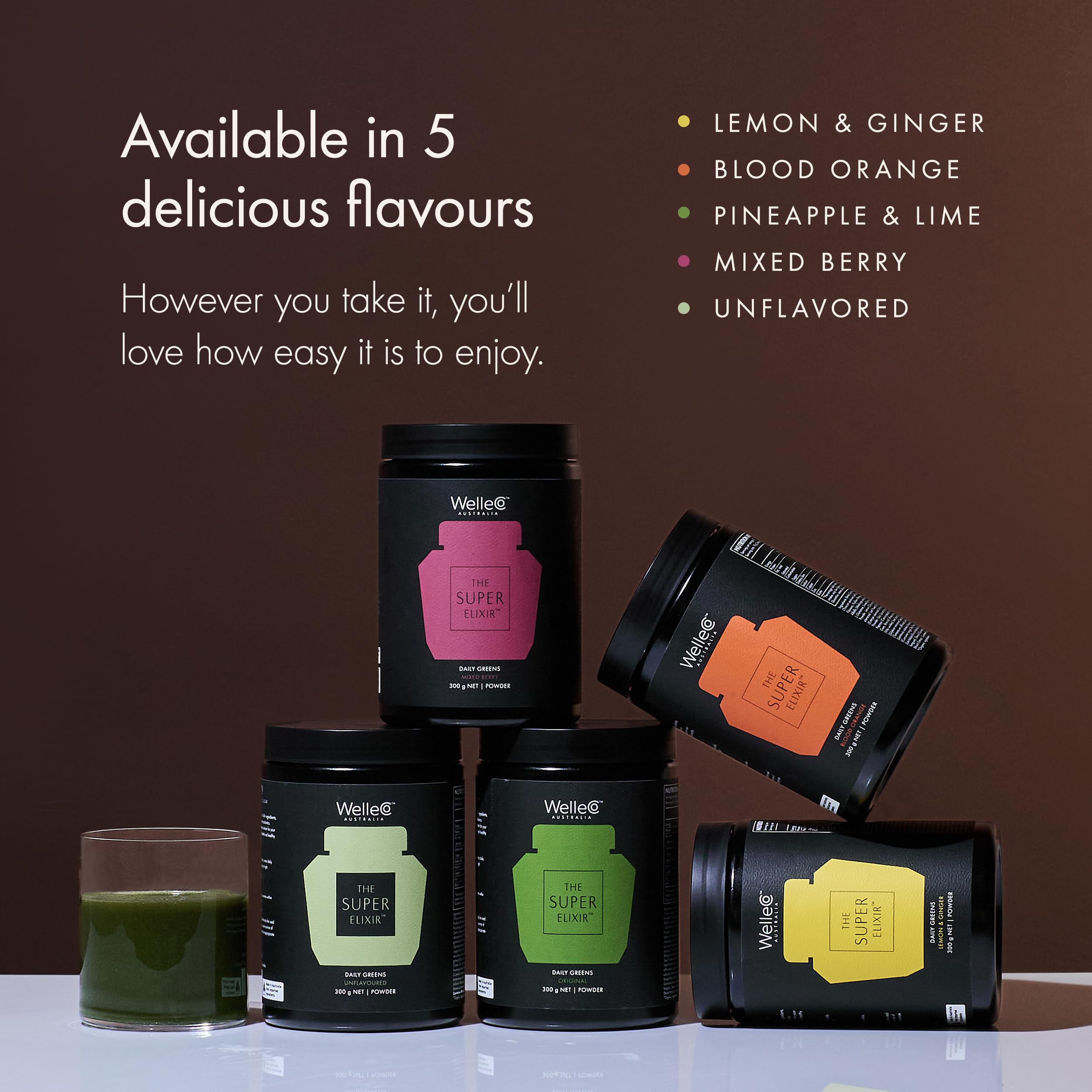 WelleCo The Super Elixir Daily Greens Powder, Probiotic Drink Mix with Whole Foods, Gluten Free, Vegan Gut Health Powder, Energy, Immunity, Healthy Skin, Hair & Nails (300g, Mixed Berry) WelleCoBuy Supplements Australia