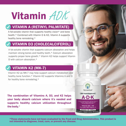 NatureGenX ADK Vitamin Supplement – Vitamins A, D3 & K2 MK-7 for Bone Health & Calcium Absorption – Gluten-Free, Non-GMO, Soy-Free