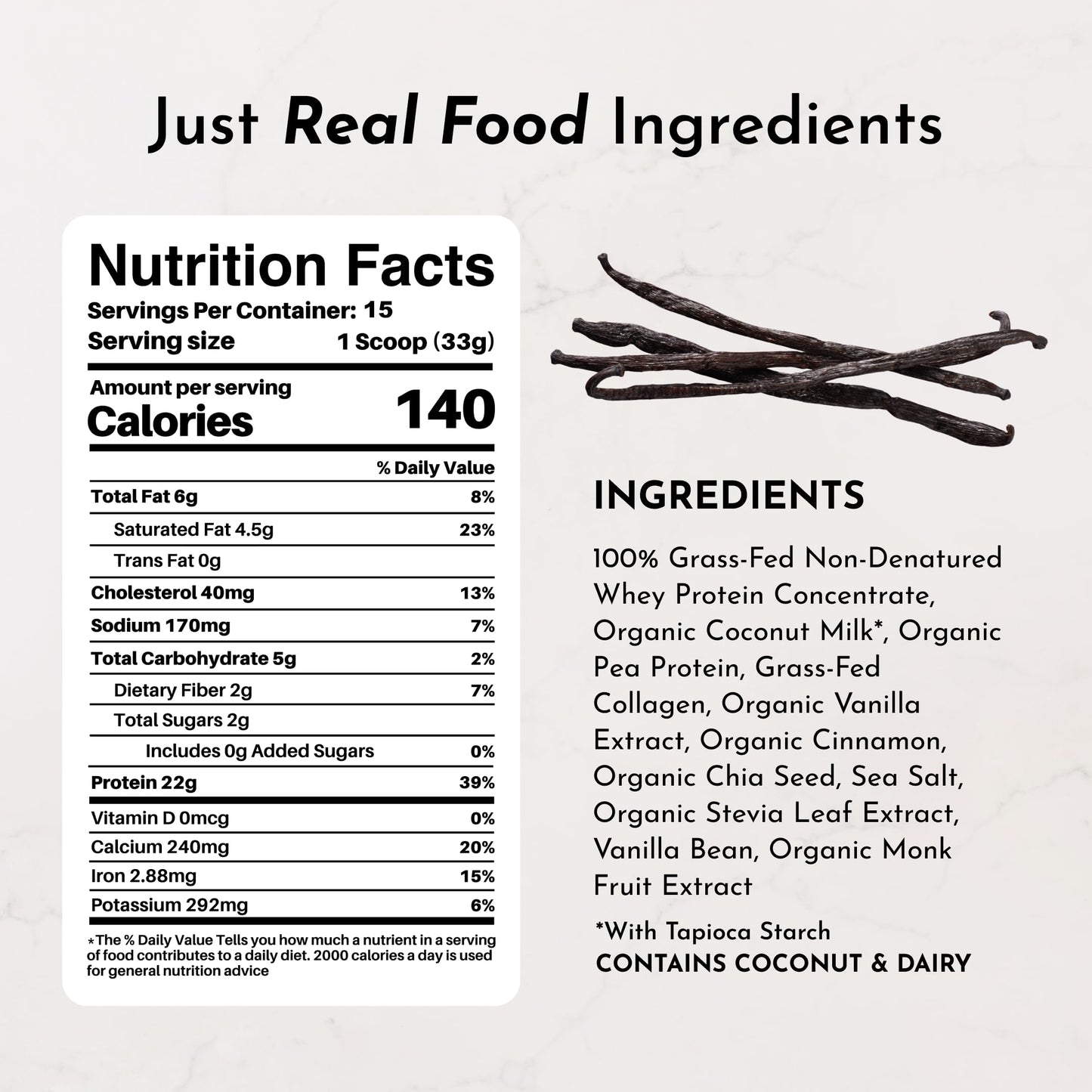 JUST INGREDIENTS Vanilla Protein Powder - Grass-Fed Whey Blend, Organic, Gluten Free, Dairy Free, Soy Free - 15 Servings, 22g Protein