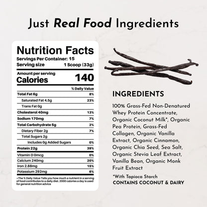 JUST INGREDIENTS Vanilla Protein Powder - Grass-Fed Whey Blend, Organic, Gluten Free, Dairy Free, Soy Free - 15 Servings, 22g Protein