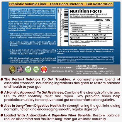 Perfect Gut: Inulin FOS Powder for Gut Health. Prebiotic Inulin. Unique Prebiotic 95% FOS Inulin Agave Fiber