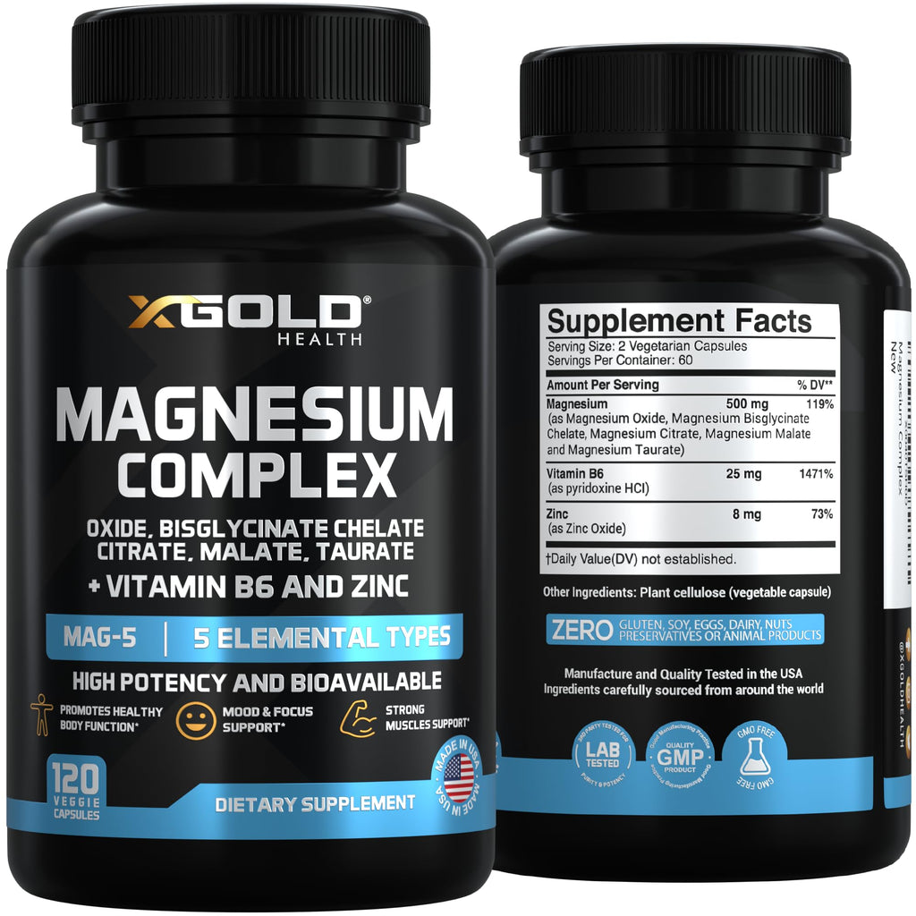 X Gold Health Magnesium Complex 5-in-1 with Zinc & B6 High Absorption Capsules (Glycinate, Citrate, Malate, Taurate, Oxide) Muscle Recovery, Energy, Sleep Support & Immune Health 500mg Made in USA X Gold Health buy supplements Au