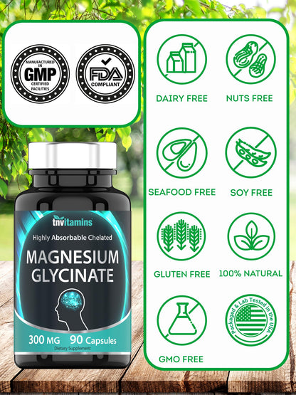tnvitamins Magnesium Glycinate 300mg, 90 Capsules | High Absorption Chelated Magnesium for Sleep, Calm & Muscle Support* | Non-GMO, Gentle, Non-Laxative | TNVitamins tnvitaminsBuy Supplements Australia