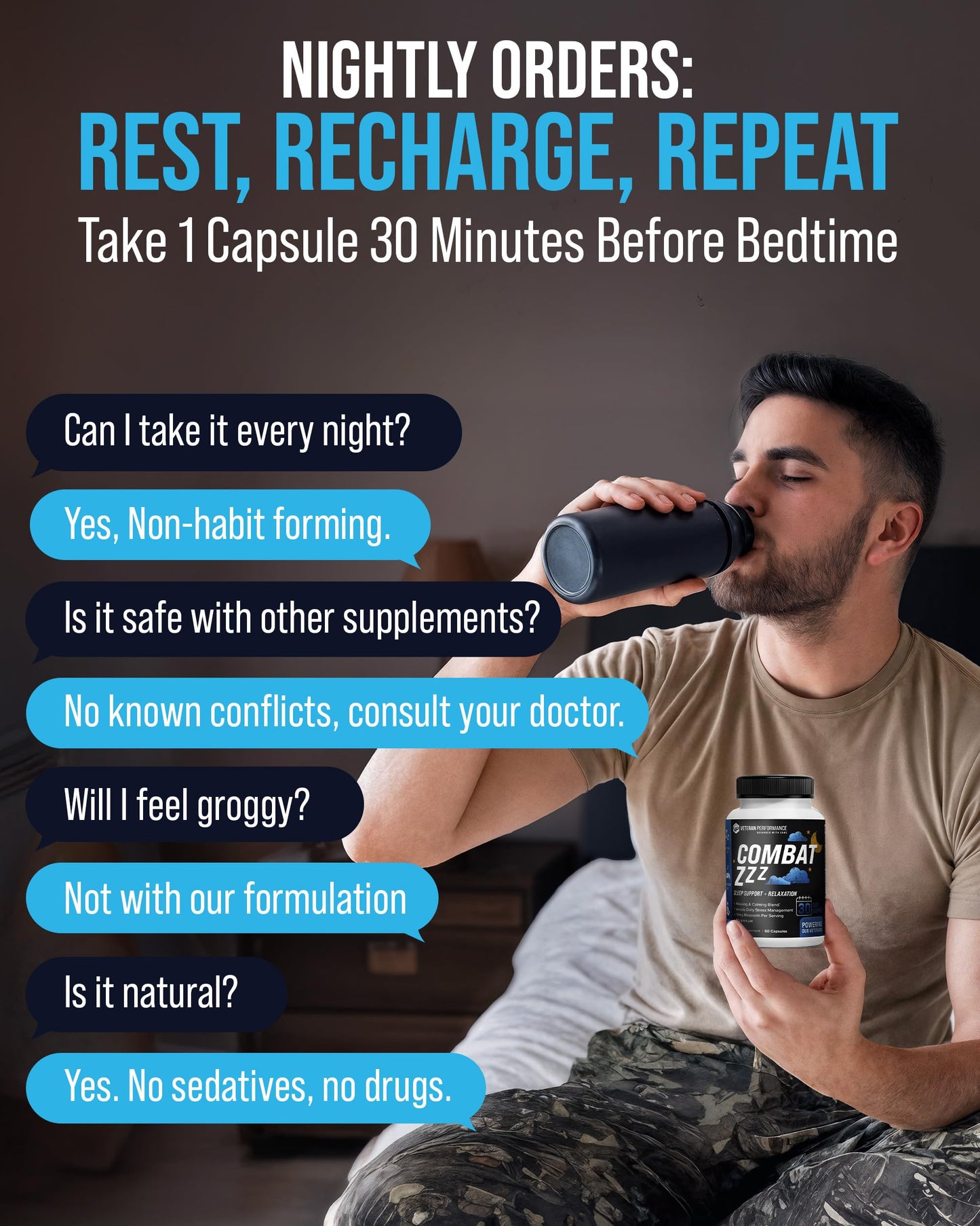 Combat ZZZ 4-in-1 Sleep Aid with Melatonin, Magnesium & L-Theanine – Non-Groggy Formula for Deep Sleep & Restful Recovery – Veteran-Founded, Made in USA (60 Capsules) | Sleep Aid for Adults Veteran Performance buy supplements Au
