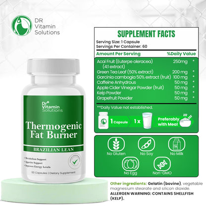 Thermogenic Fat Burner Brazilian Lean, Pills for Women, Waist Trimmer & Supplements for Bloating for Women & Men, 60 Capsules