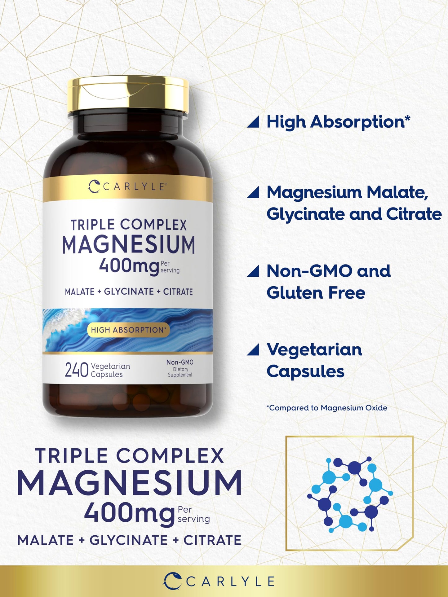 Carlyle Triple Magnesium Complex | 400 mg | 240 Capsules | Magnesium Malate, Glycinate & Citrate | Vegetarian, Non-GMO, and Gluten Free Supplement Carlyle buy supplements Au