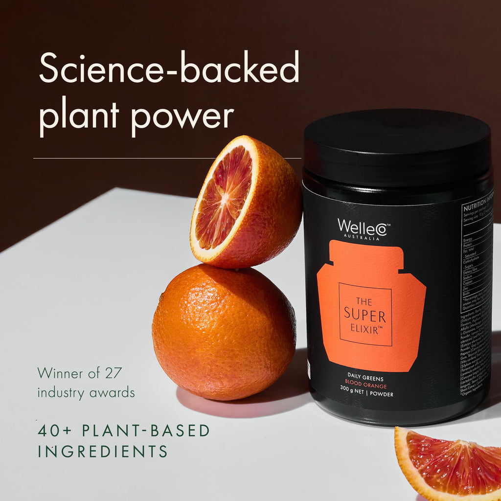 WelleCo The Super Elixir Daily Greens Powder, Probiotic Drink Mix with Whole Foods, Gluten Free, Vegan Gut Health Powder, Energy, Immunity, Healthy Skin, Hair & Nails (Jar, Blood Orange) WelleCoBuy Supplements Australia
