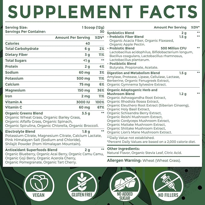 Super Greens Powder Superfood + Electrolytes & Tonic Herbs | Organic Greens, Shilajit, Adaptogens, Antioxidants, Preobiotic & Probiotic & Postbiotic| for Energy, Gut & Immune| Unflavored - 30 Servings Sundhedsliv buy supplements Au