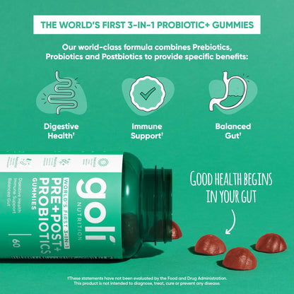 Goli Pre Pro Postbiotic Gummies - Worlds First 3-in-1 Formula with DE111 Probiotics, XOS Prebiotics, MCC1849 Postbiotics - Vegan, Non-GMO, Gluten-Free