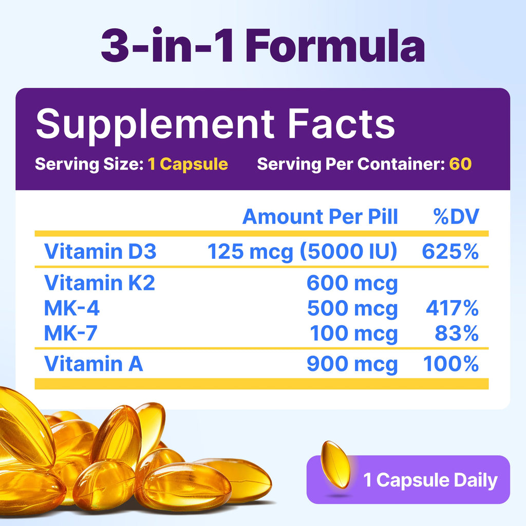 InnovixLabs Vitamin D3 K2-5000 IU Vitamin D3 Plus 600 mcg Vitamin K2 MK4 and MK7 for Max Calcium Absorption, Supports Bone, Immune, Heart Health