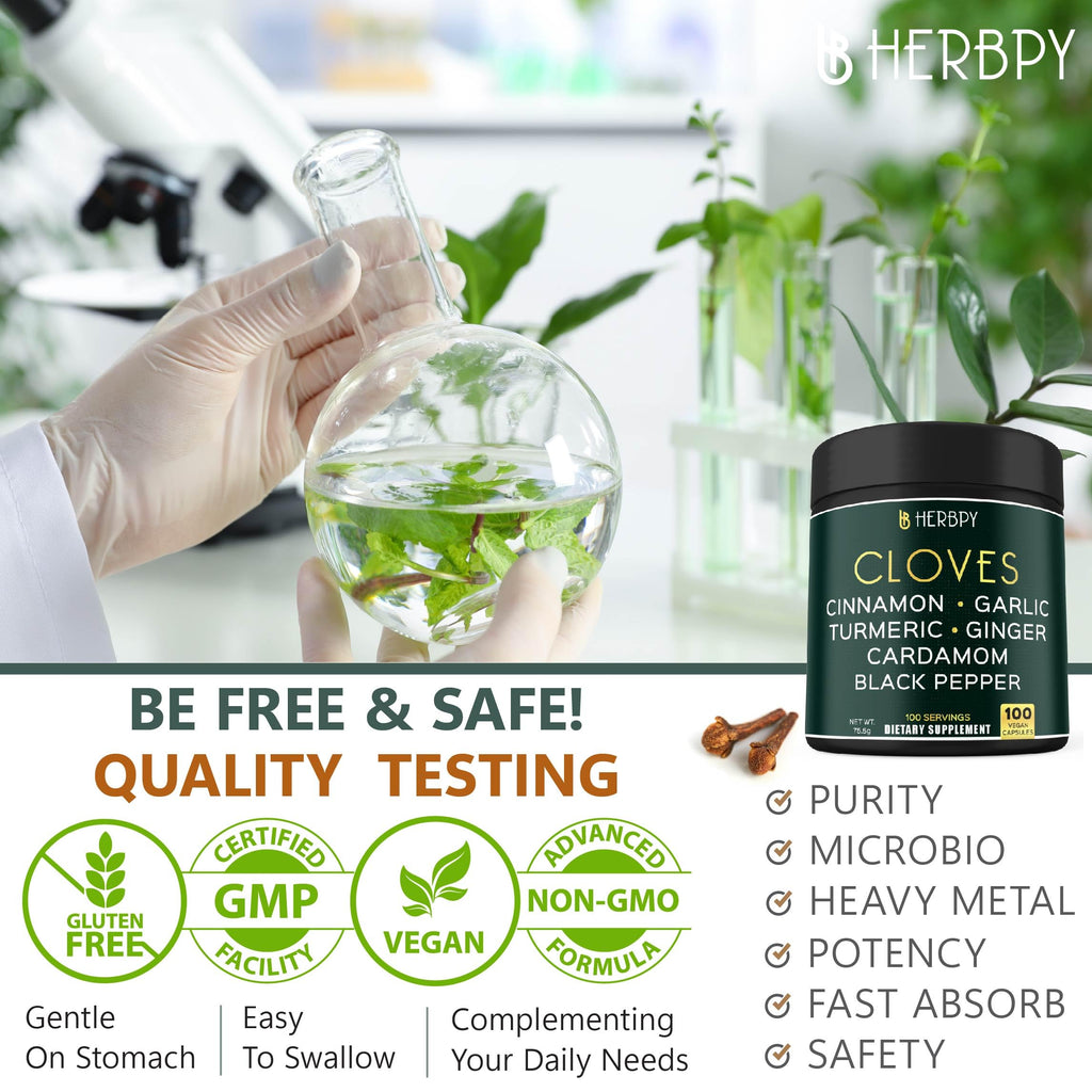Herbpy 7in1 Clove Supplement Rich in Vitamins & Minerals Supports Digestion, Immune & Heart Health with Cinnamon, Turmeric, Ginger, Cardamom, Garlic & Black Pepper - 100 Vegan Capsules HerbpyBuy Supplements Australia