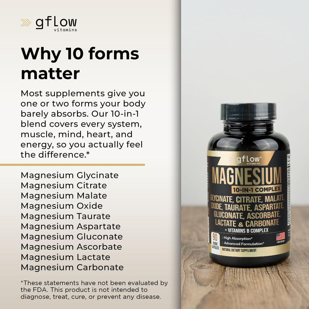 gflow vitamins Magnesium Complex Supplement - 10 Active Forms, Glycinate, Citrate, Malate, Oxide, Taurate, Aspartate, Gluconate, Ascorbate, Lactate, Carbonate, Plus More with Vitamin C B1 B2 B6 B12 gflow vitamins buy supplements Au
