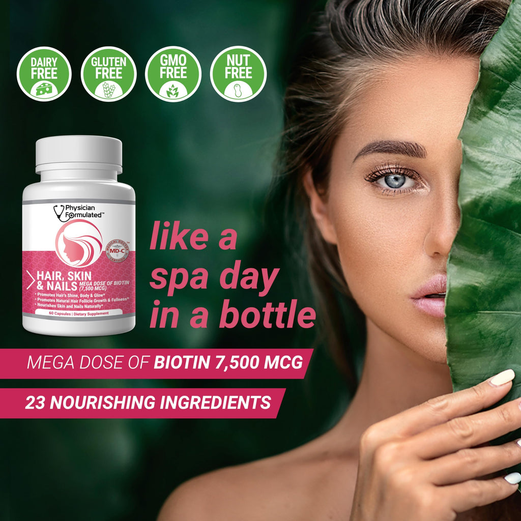 Physician Formulated Healthy Hair Skin and Nails Vitamins for Men and Women - 7500 mcg Biotin, Amino Acids, Collagen and Hyaluronic Acid - 60 Capsules Physician FormulatedBuy Supplements Australia