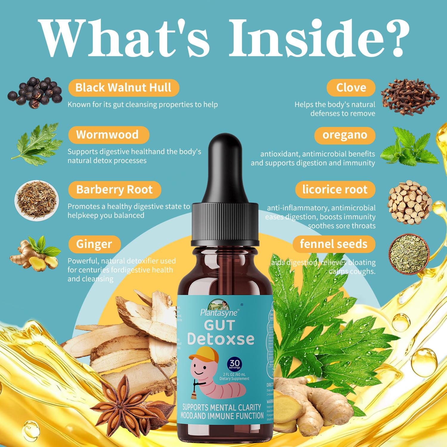 Plantasyne Herbal Gut Cleanse Drops with Black Walnut Hull & Barberry Root | Gentle Liquid Detox for Gut & Colon Support | for Adults & Kids|30 Servings Plantasyne buy supplements Au