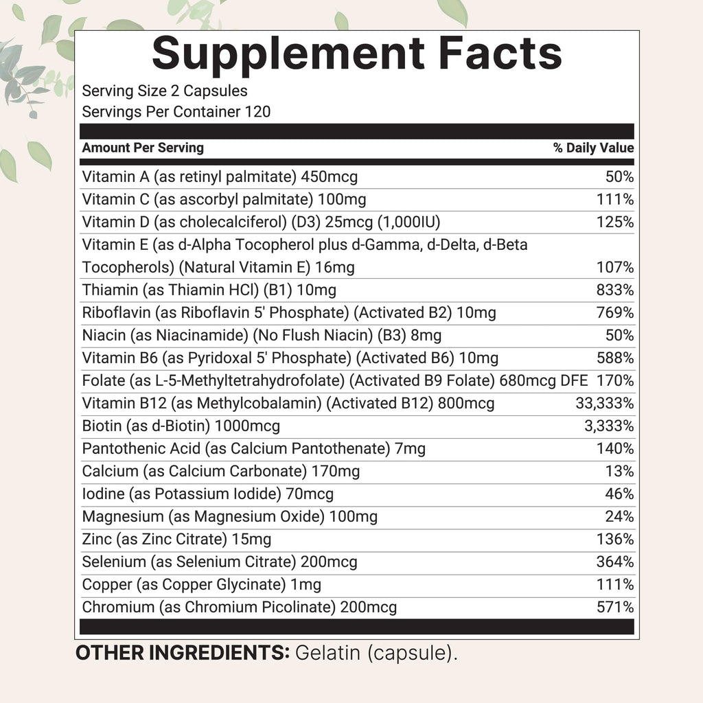Micro Ingredients Pure Methylated Multivitamin, 240 Capsules | 19-in-1 Formula with Vitamins C, D, B12, Folate, Magnesium
