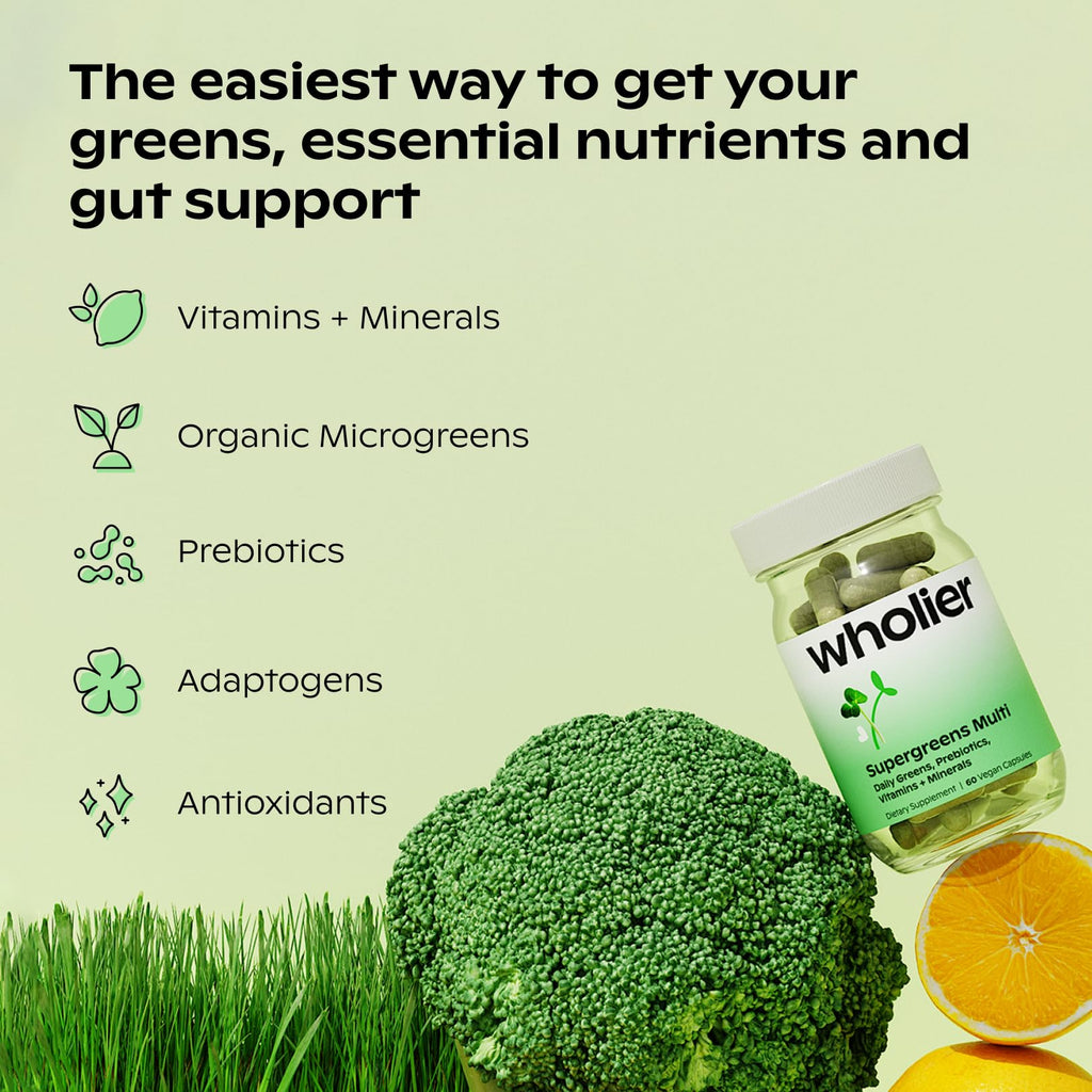 wholier Supergreens Multi, Daily Greens, Vegan Multivitamin for Women + Men, Whole Food Vitamins + Minerals, Prebiotics for Gut Health, Adaptogens (60 Vegan Capsules) Glass Bottle wholier buy supplements Au