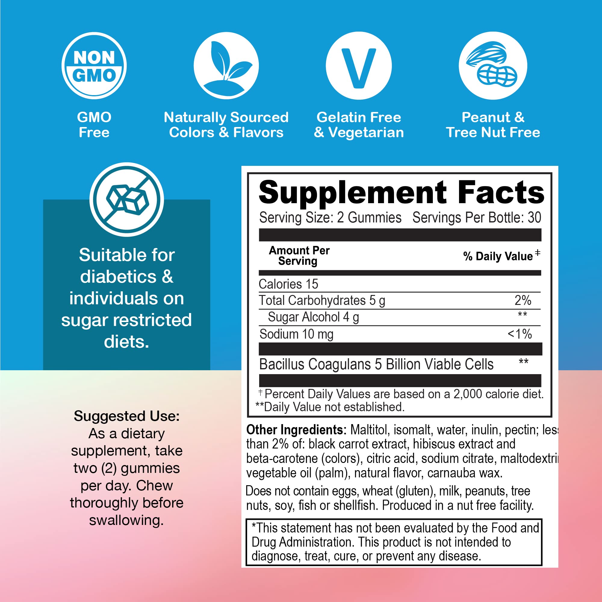 YUM-V'S Sugar Free Probiotic Gummies - Probiotics for Men & Women to Help Support Digestive Function – Adults & Kids Probiotic with 5 Billion CFU Bacillus Coagulans – Vegan & Gluten-Free (60 Count)