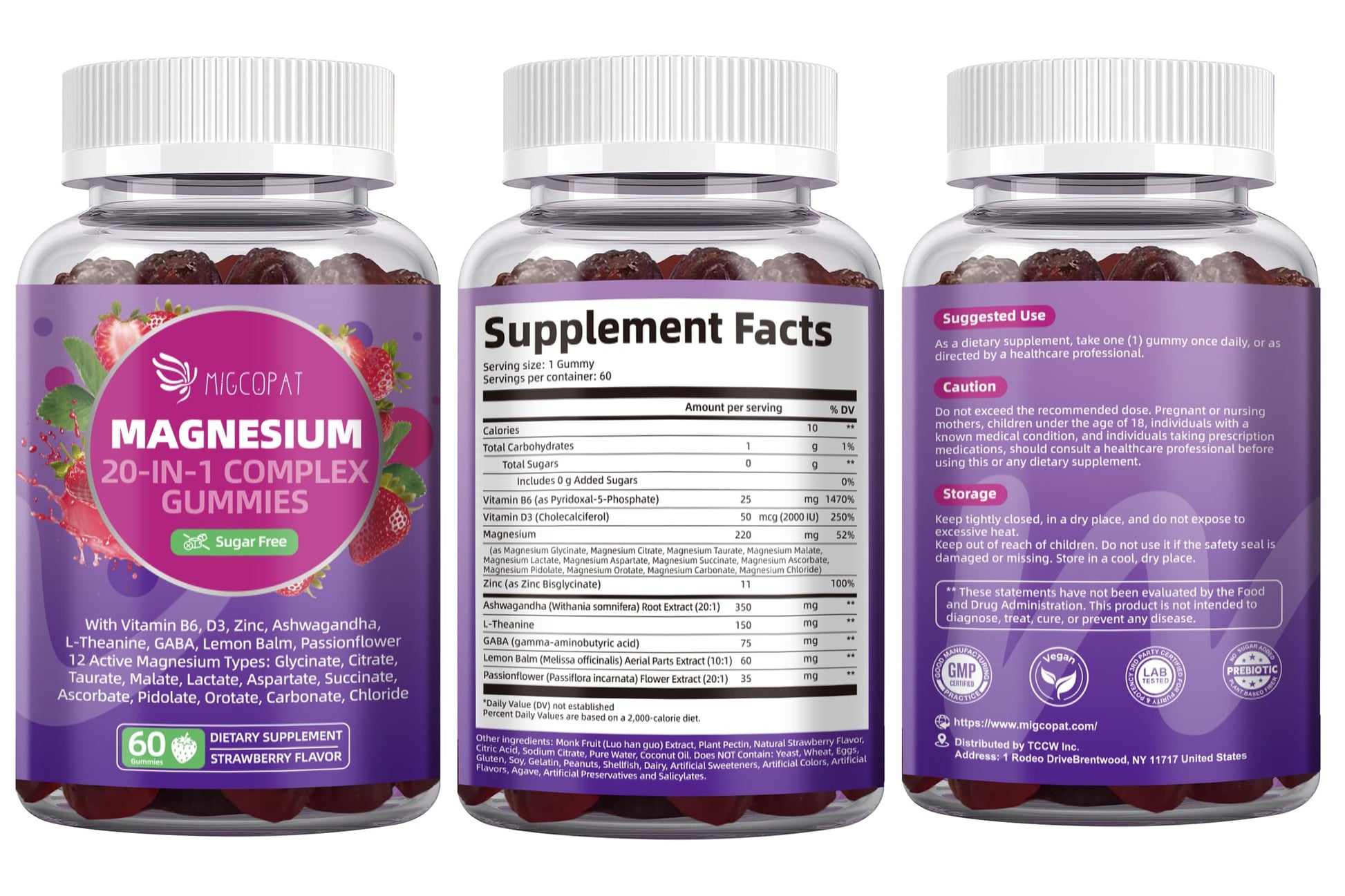 Migcopat Magnesium Complex Gummies, 20 in 1 Magnesium Gummy with Glycinate Citrate Malate Taurate - Ashwagandha, L-Theanine, D3&Zinc for Relaxation, Sleep, Muscle&Heart Support, Strawberry, 60 Cts MigcopatBuy Supplements Australia
