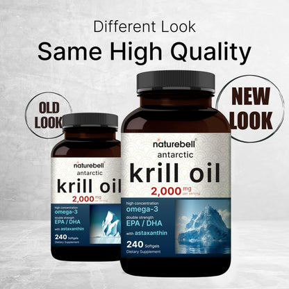 NatureBell Antarctic Krill Oil 2000mg Supplement, 240 Softgels, 3X Strength Natural Source of Omega-3s, EPA 240mg + DHA 160mg + Astaxanthin 800mcg