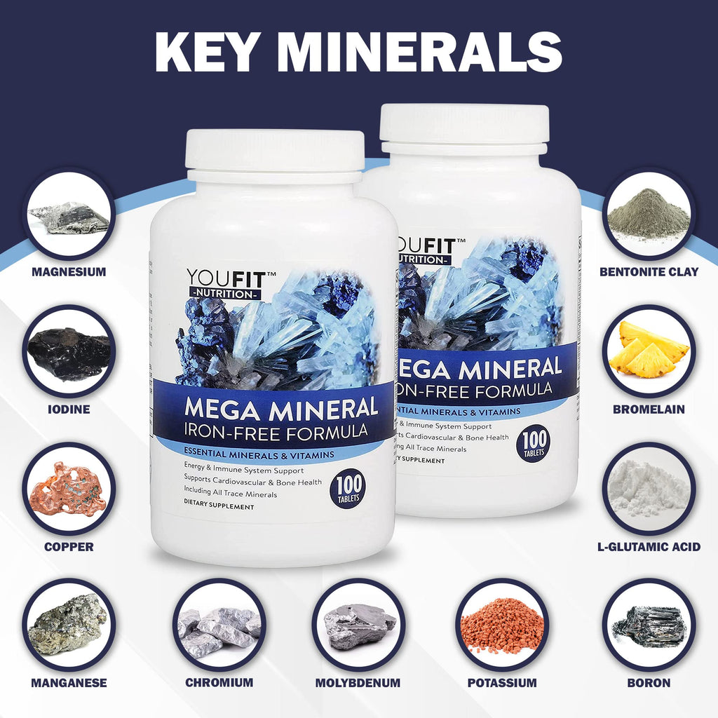 Mega Minerals Supplement by Youfit Nutrition | Trace Minerals | Premium Formula with Source of Minerals and Immune Health Support | Iron Free | All in One
