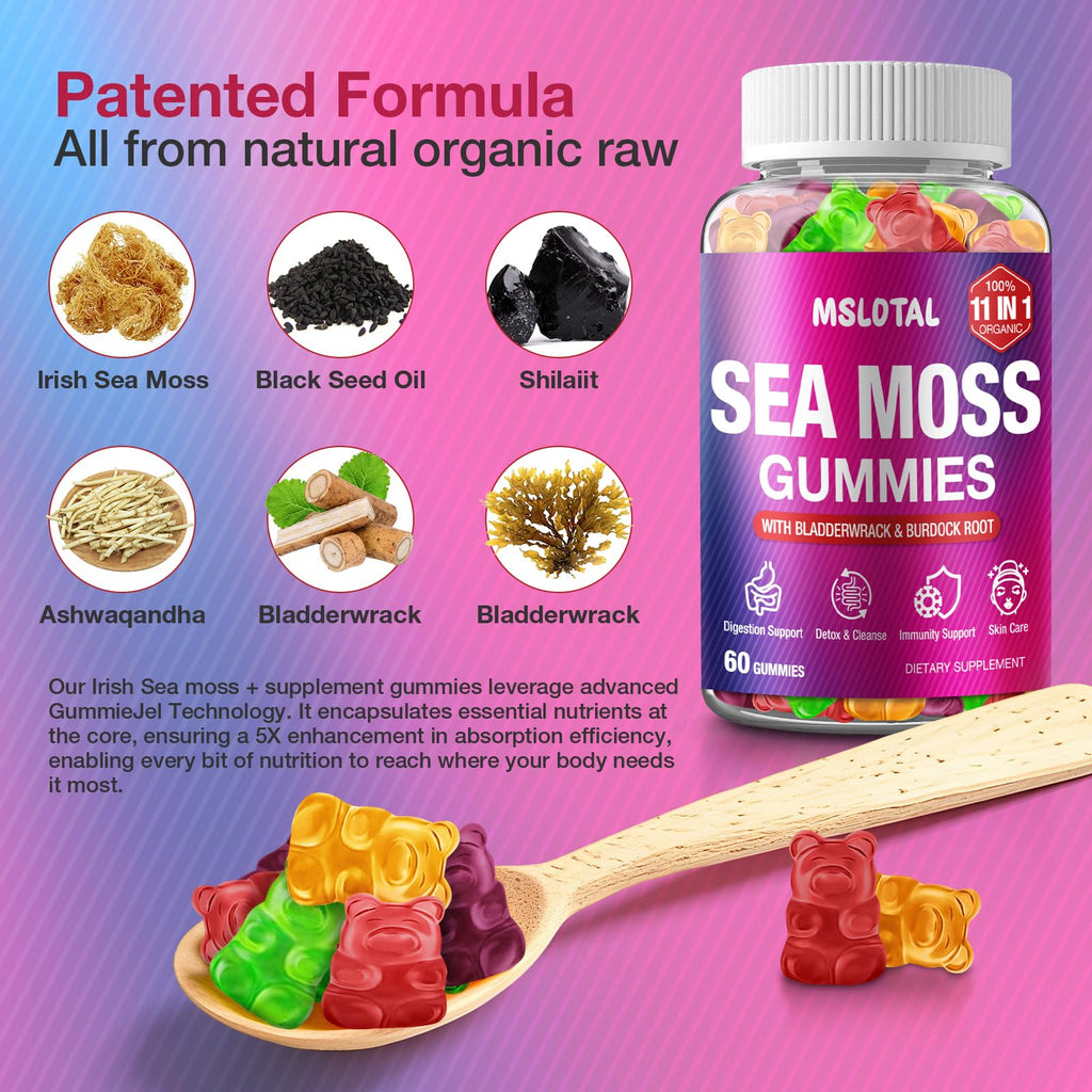 MSLOTAL Irish Sea Moss Gummies with Ashwagandha Bladderwrack and Burdock Root - Natural Irish Seamoss Supplement for Thyroid, Energy, Immune Support - 60 Vegan Gummy MSLOTALBuy Supplements Australia