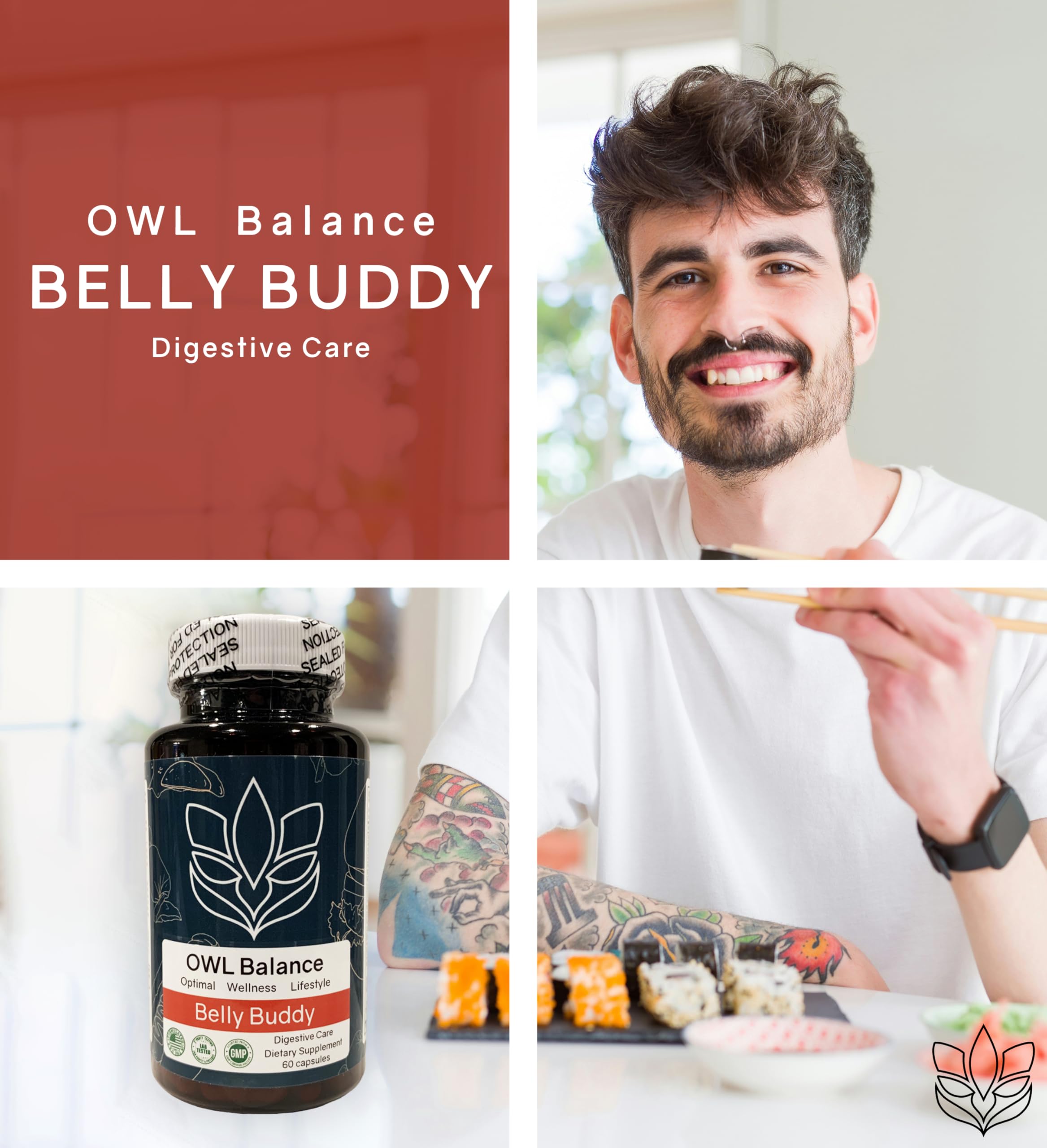 Belly Buddy Advanced Gut Health Support containing a helthy Blend of Probiotics, Prebiotics, and Digestive Enzymes OWL Balance buy supplements Au