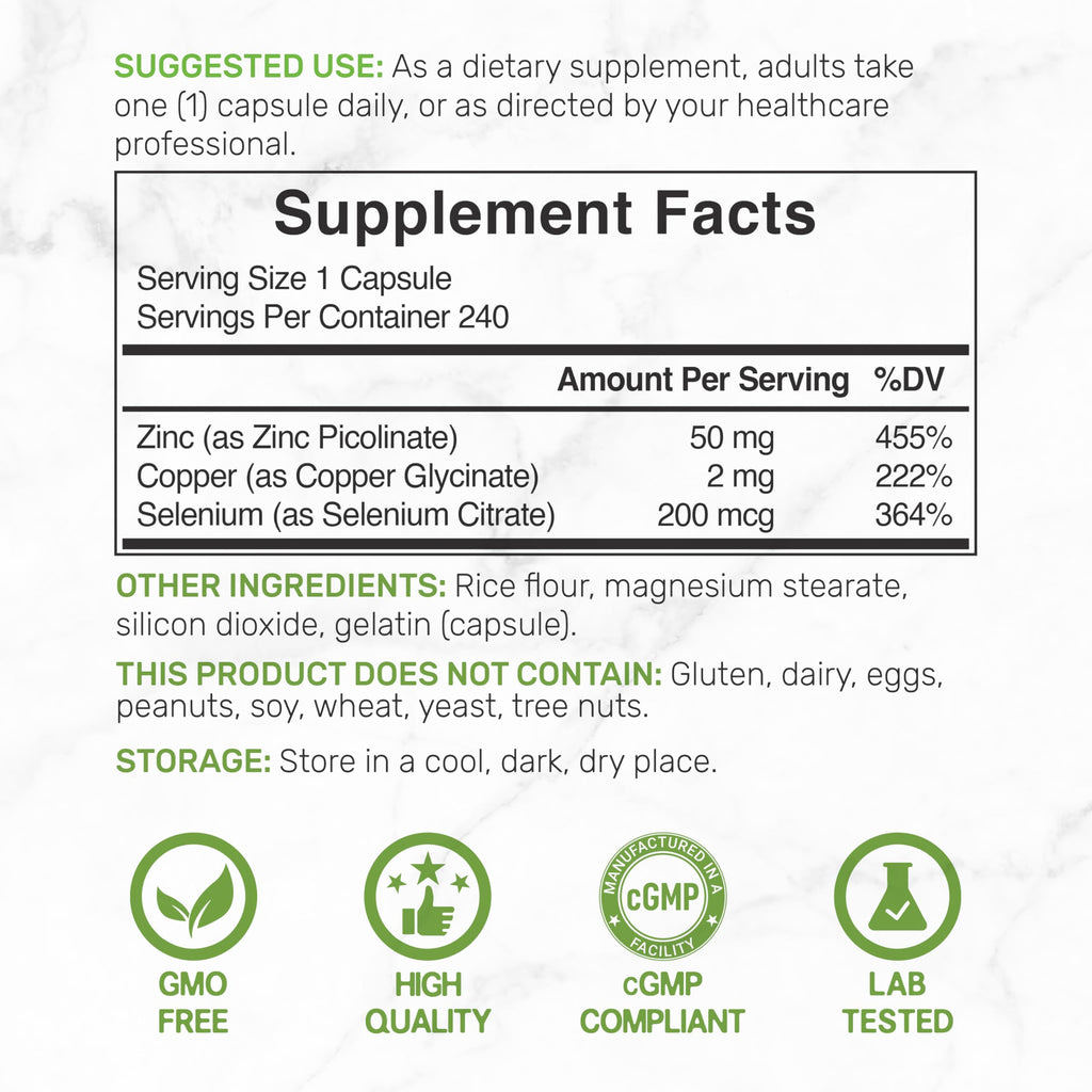 Deal Supplement Zinc 50mg with Selenium + Copper, 240 Capsules, 8 Month Supply, 3 in 1 Mineral Formula, Zinc Picolinate Complex Supplement