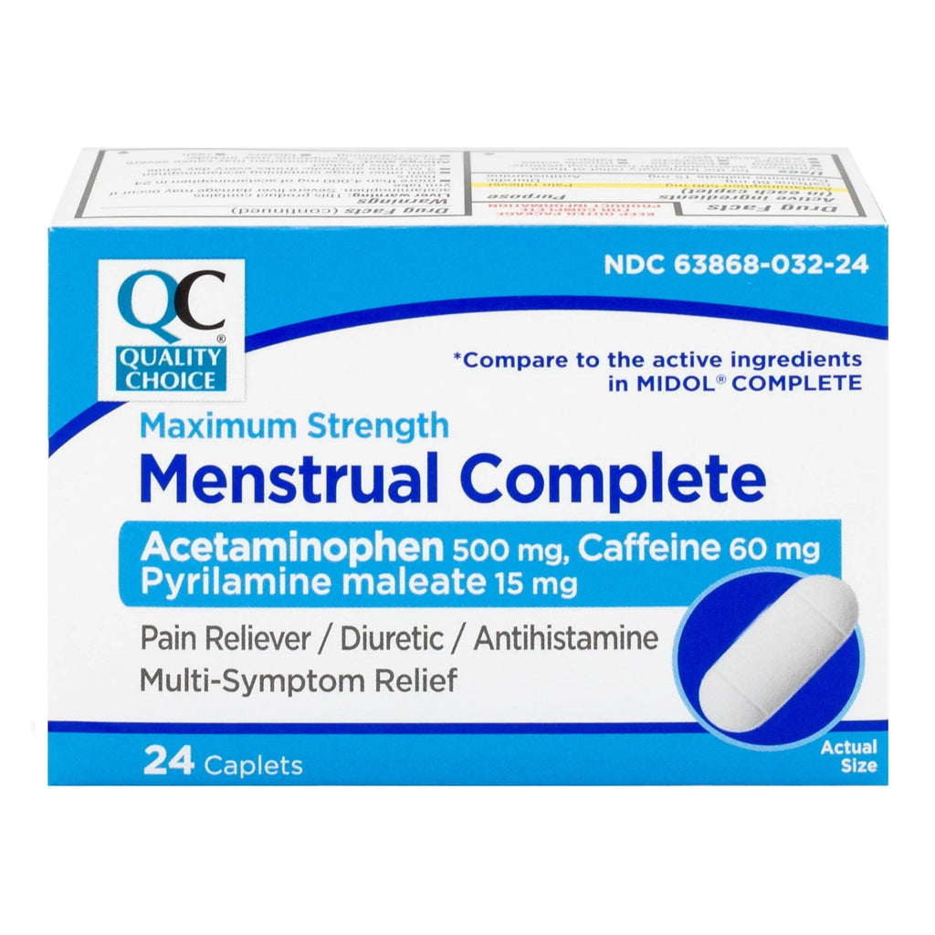 Quality Choice Menstrual Complete Max Strength Period Pain Relief, 500 mg of Acetaminophen, 60mg of Caffeine, 15mg of Pyrilamine Maleate, Cramps, Bloating, Headache. 24 Count. Quality ChoiceBuy Supplements Australia