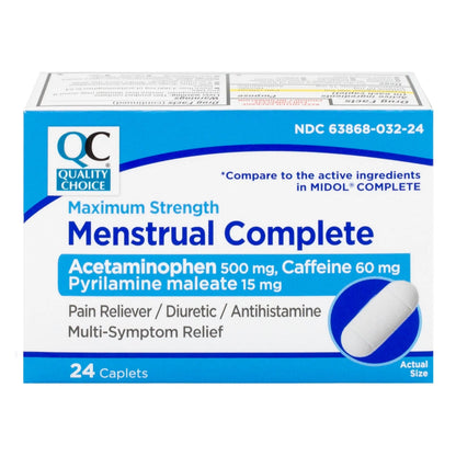 Quality Choice Menstrual Complete Max Strength Period Pain Relief, 500 mg of Acetaminophen, 60mg of Caffeine, 15mg of Pyrilamine Maleate, Cramps, Bloating, Headache. 24 Count. Quality ChoiceBuy Supplements Australia