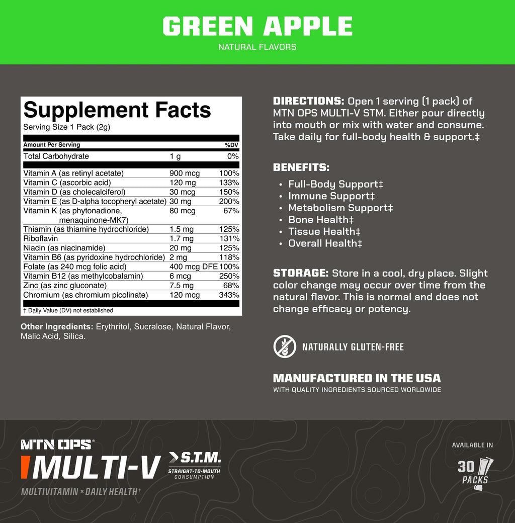 MTN OPS Multi‑V STM On‑the‑Go Daily Multivitamin for Men, Women & Kids – Straight‑to‑Mouth Vitamin C D3 B Zinc Packs – Gluten Free, Natural Flavors, 30 Servings MTN OPSBuy Supplements Australia