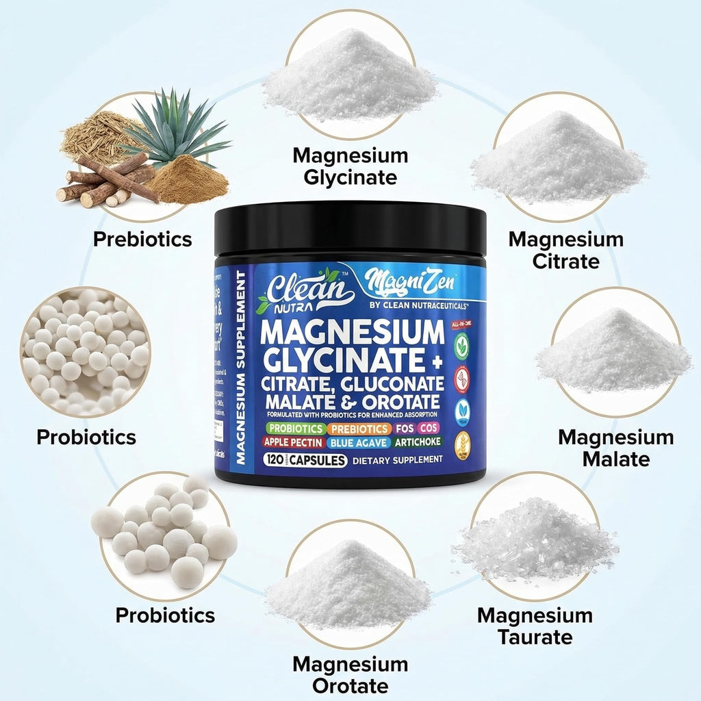 Clean Nutra Magnesium Glycinate Citrate Malate Orotate Taurate Supplement Complex + 10 Strain Probiotic Prebiotics FOS GOS Inulin Sleep Calm Support Apple Pectin – 120 Vegan Capsules Clean Nutraceuticals buy supplements Au