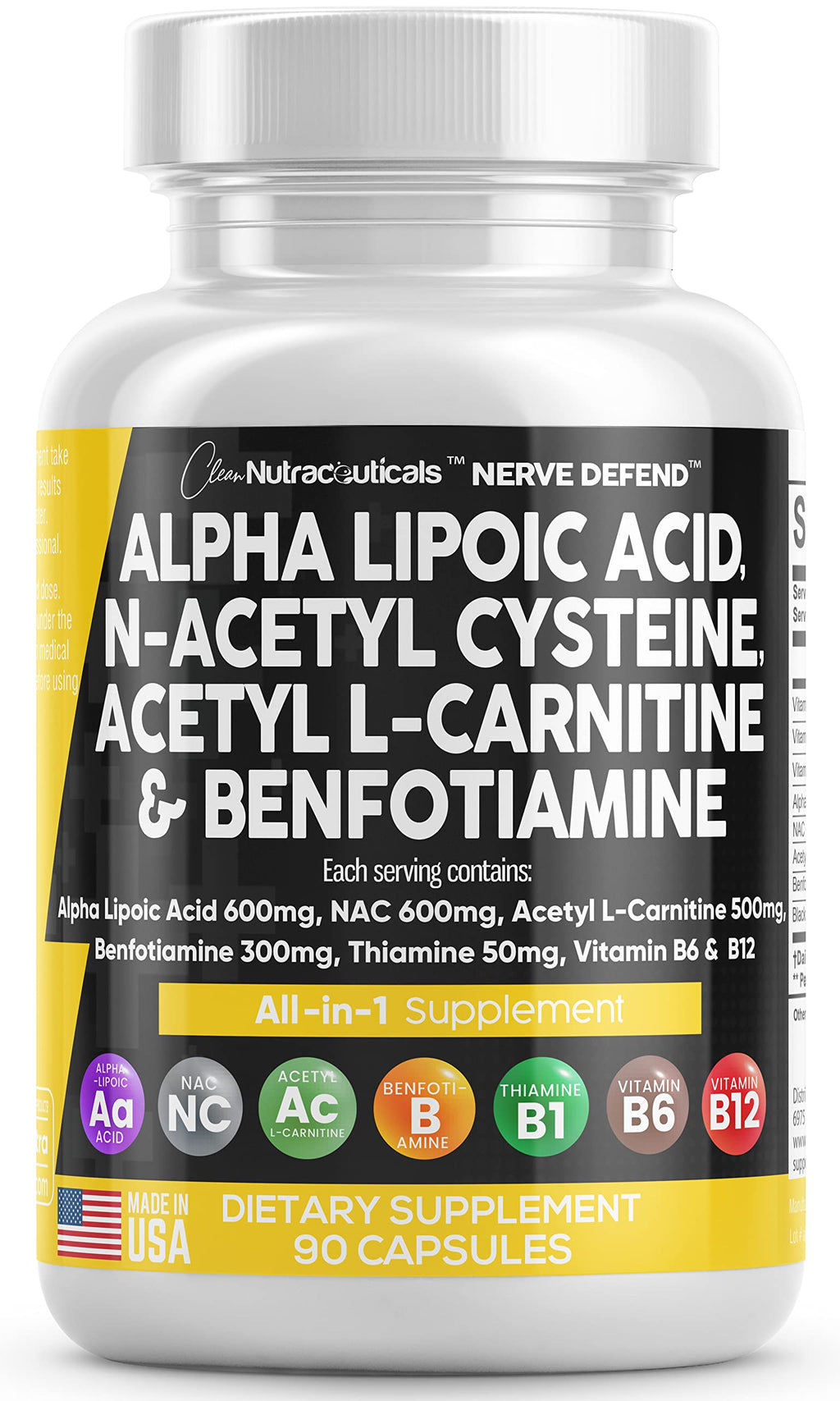 Alpha Lipoic Acid 600mg N-Acetyl Cysteine 600mg Acetyl L-Carnitine 500mg Benfotiamine 300mg - Nerve Support Supplement for Women and Men