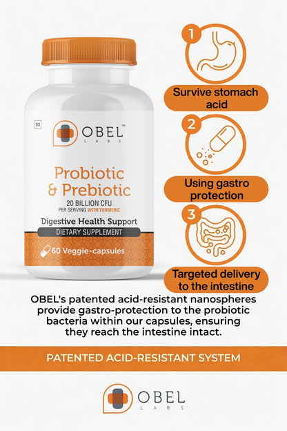 obel Probiotic & Prebiotic Supplement with Turmeric | 20 Billion CFU | 60 Capsules (30 Day Supply) | 4 Strains | Supports Digestion