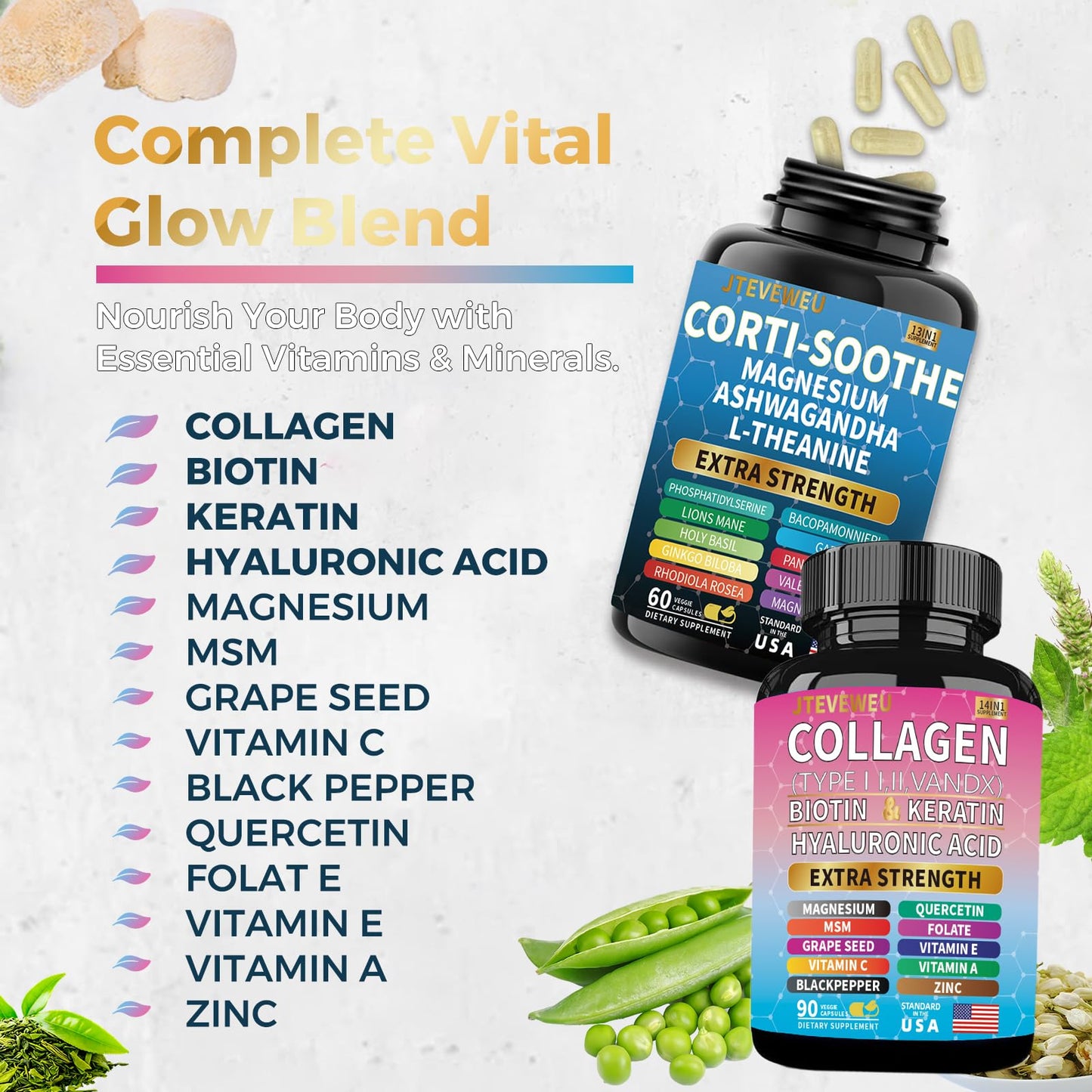 JTEVEweu Shining Serenity Set, Cortisol Support with Ashwagandha, L-Theanine, Magnesium, Lions Mane, GABA, Bacopa Monnieri, Collagen Biotin, Keratin, Hyaluronic Acid, Quercetin JTEVEweu buy supplements Au