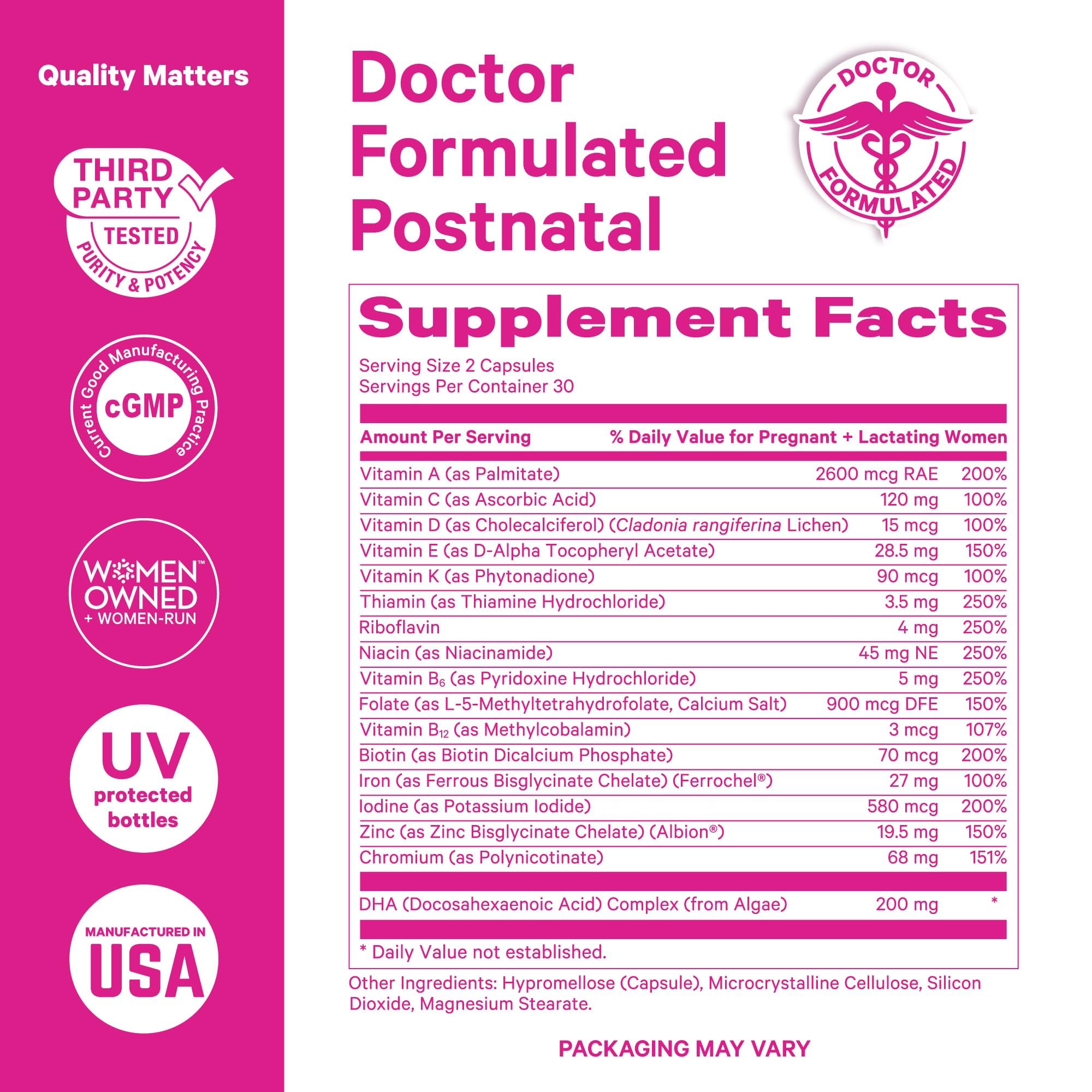 Pink Stork Total Postnatal Vitamins for Women | Vegan DHA, Iron, Folate, B12 | Postpartum Recovery Essentials | Lactation Support for Breastfeeding Moms