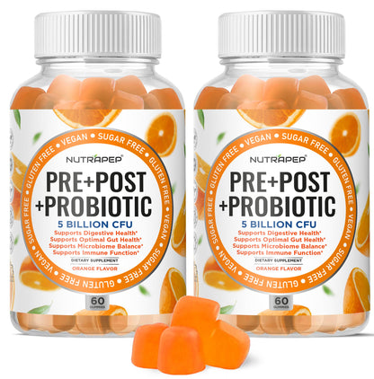 NutraPep Prebiotic Probiotic & Postbiotic Gummies for Women Men & Kids Children - High Potency 5 Billion CFU - Sugar-Free & Gluten 60 Count (Pack of 2)