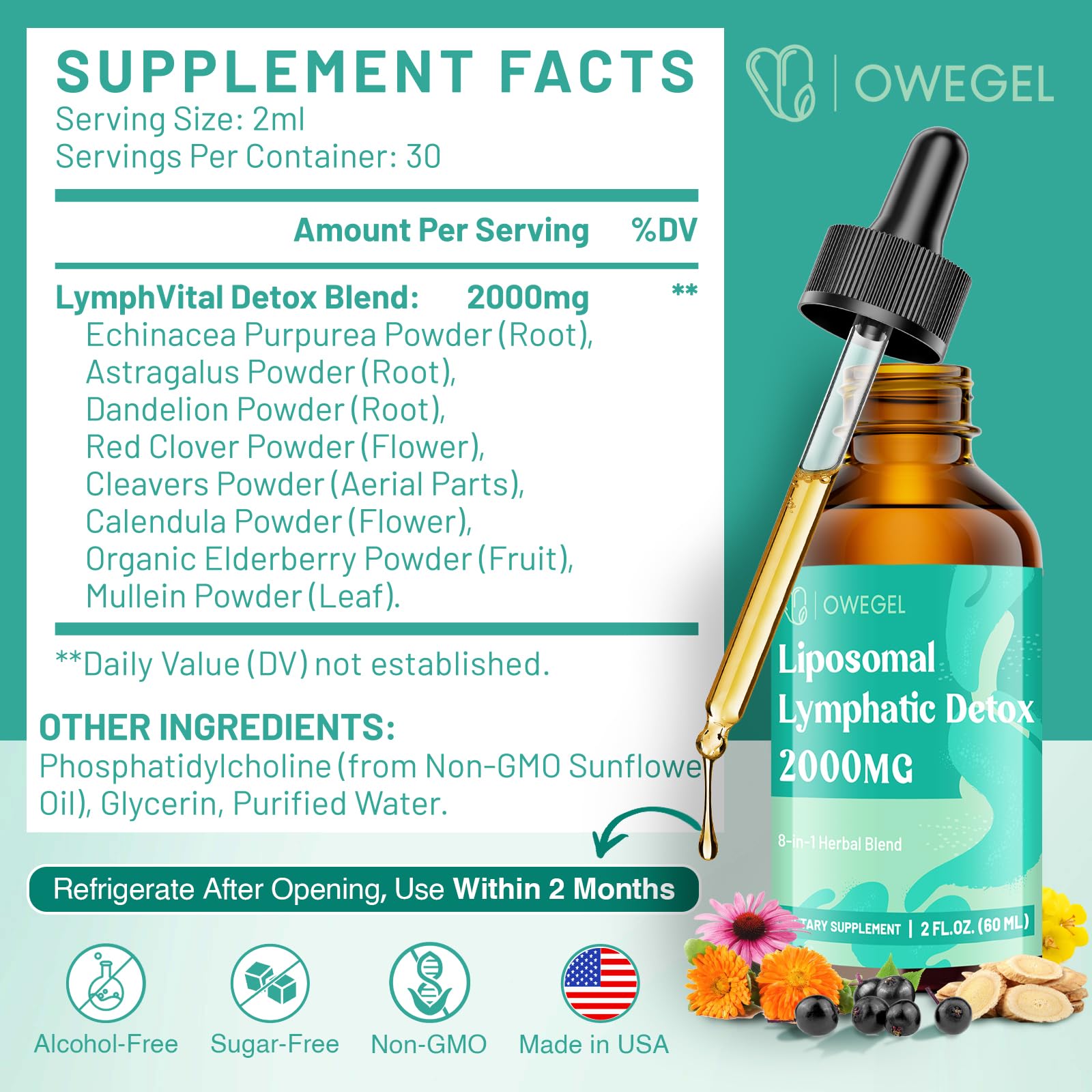 owegel Liposomal Lymphatic Drainage Drops 2000mg – Immune & Lymph System Support – Lymphatic Detox and Cleanse with Echinacea, Red Clover, Dandelion & Cleavers – Sugar-Free, Alcohol-Free – 2 FL OZ owegel buy supplements Au