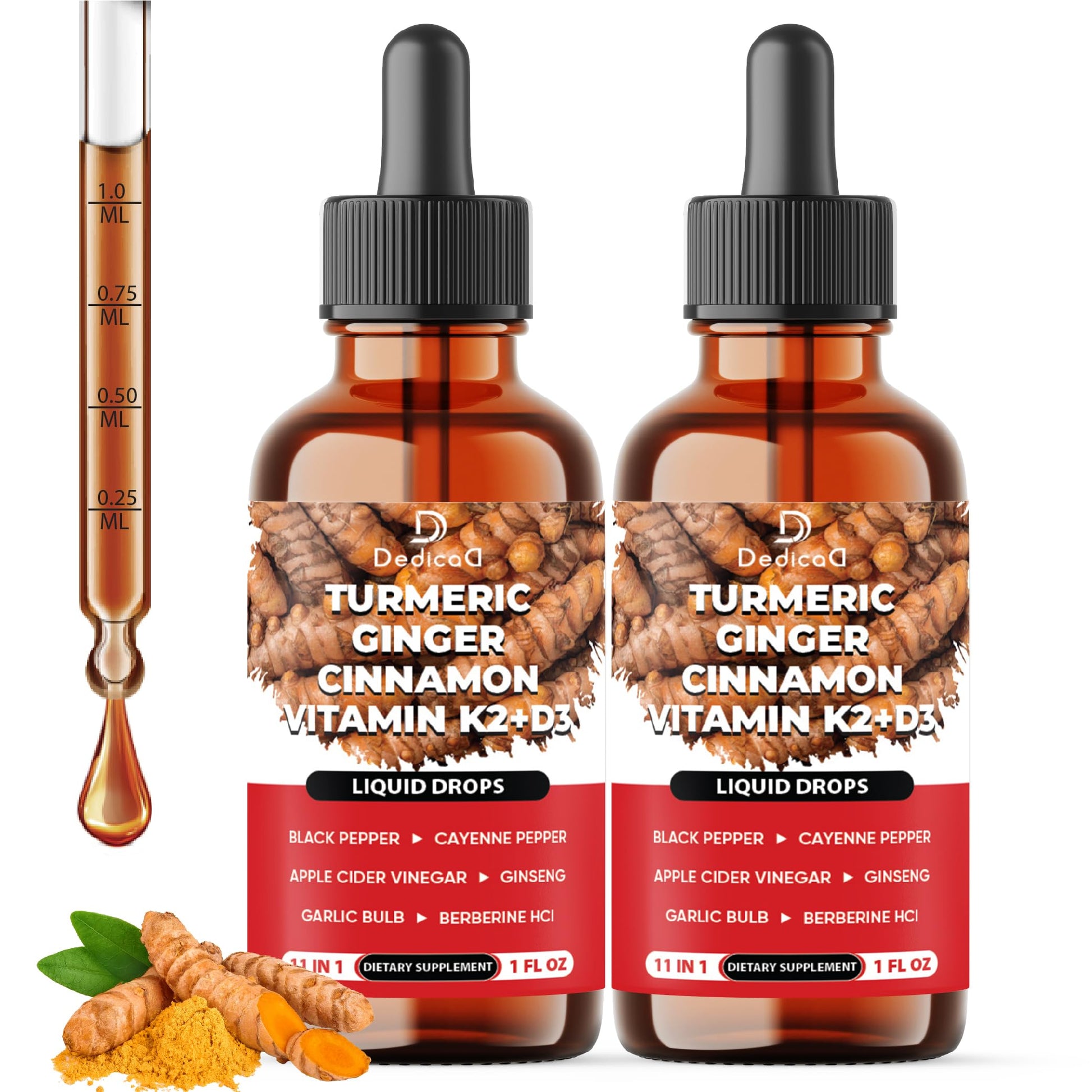 Two bottles of Dedica Turmeric Ginger Cinnamon Vitamin K2+D3 liquid drops with a dropper and turmeric roots on a white background.