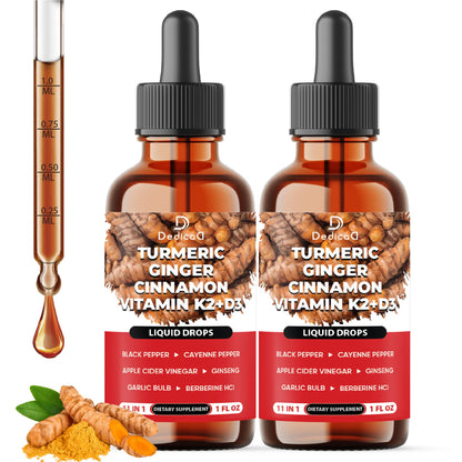 Two bottles of Dedica Turmeric Ginger Cinnamon Vitamin K2+D3 liquid drops with a dropper and turmeric roots on a white background.