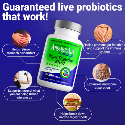 AbsorbAid Platinum Digestive Enzyme Support 60 vCaps, 12 Digestive Enzymes Plus 2 Probiotics for Maximum Relief