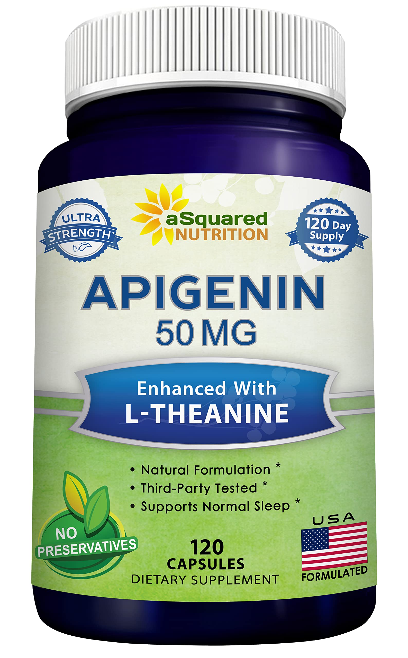 aSquared Nutrition Apigenin 50mg & L-Theanine 200mg - 120 Capsules - Apigenin Supplement Pills for Sleep and Relaxation