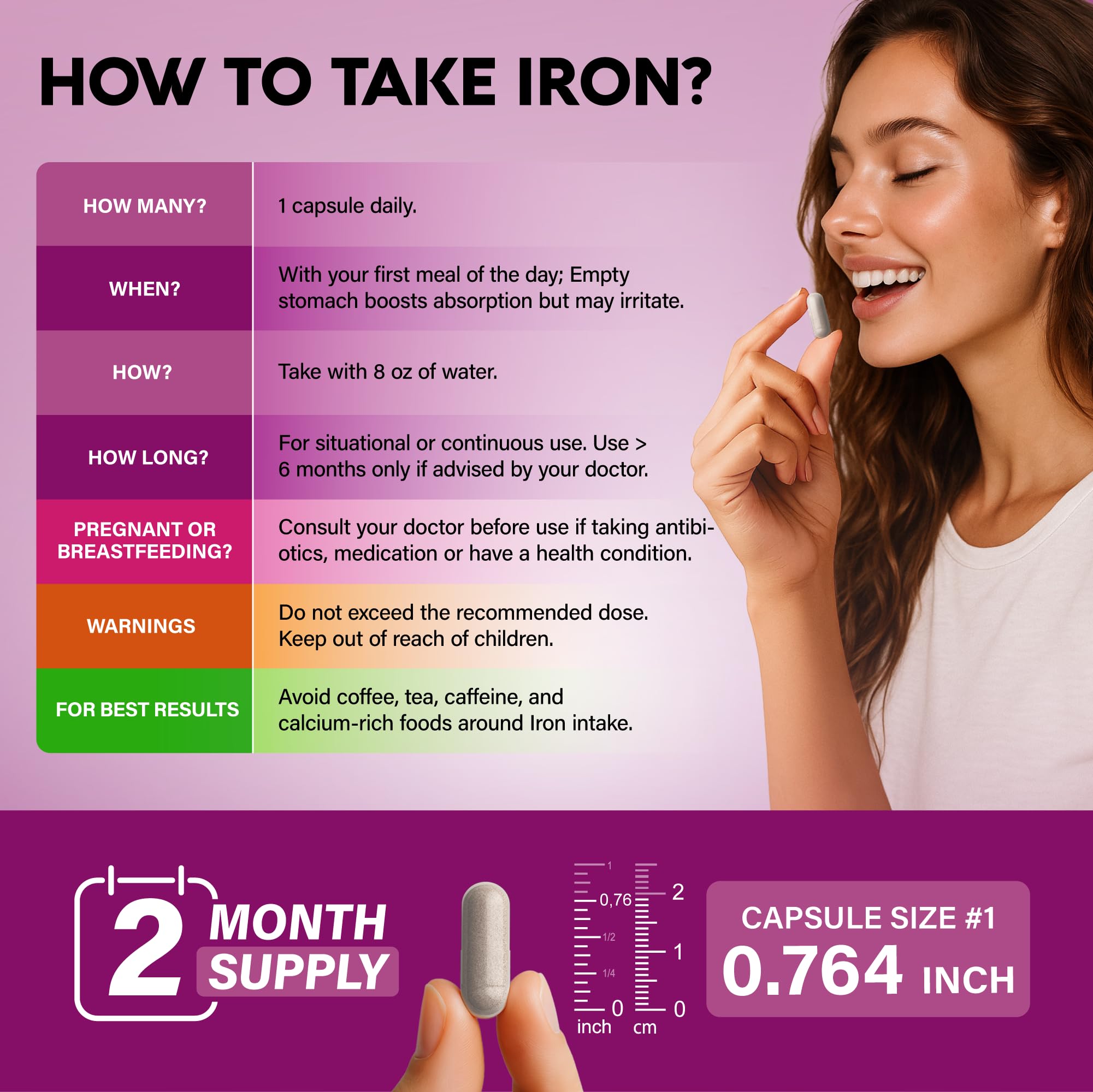 Iron Supplement for Women - Iron 65mg (Ferrous Sulfate 325mg) - Stomach Friendly | Slow Release Iron | High Absorption - Vitamins C, D3, B6, B12 & Folate