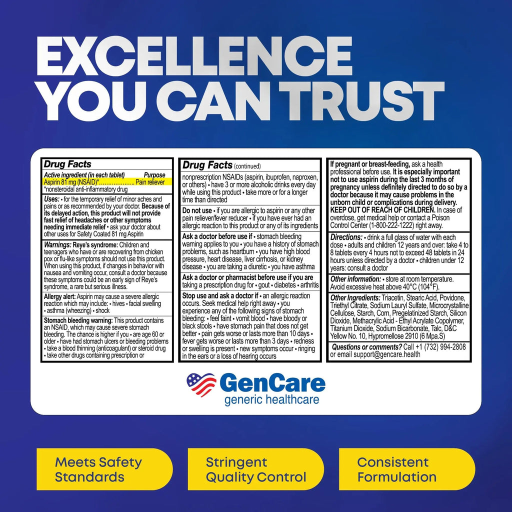 GenCare - Low Dose Aspirin 81mg for Adults Coated (NSAID) 500 Tablets | Adult Low Dose | Enteric Coated Aspirin Pills | Muscle Pain & Menstrual Pain Relief | Fever Reducer | Generic Bayer GenCareBuy Supplements Australia